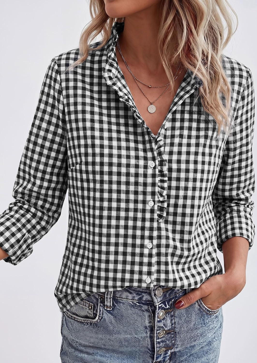 image:imagePRETTYGARDEN Womens Long Sleeve Button Down Shirts Soft Cotton Fabric Fashion Plaid Shirt Basic Collared V Neck Work Business Casual Blouses 2026 Fall Trendy OutfitsPlaid Black White