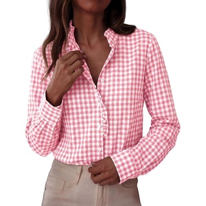 PRETTYGARDEN Womens Long Sleeve Button Down Shirts | Soft Cotton Fabric, Fashion Plaid Shirt, Basic Collared V Neck, Work Business Casual Blouses, 2026 Fall Trendy Outfits(Plaid Pink White)