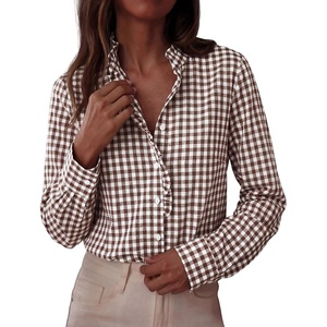 PRETTYGARDEN Womens Long Sleeve Button Down Shirts | Soft Cotton Fabric, Fashion Plaid Shirt, Basic Collared V Neck, Work Business Casual Blouses, 2026 Fall Trendy Outfits(Plaid Brown White)