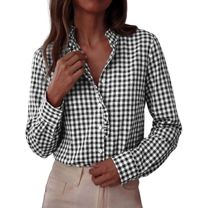 PRETTYGARDEN Womens Long Sleeve Button Down Shirts | Soft Cotton Fabric, Fashion Plaid Shirt, Basic Collared V Neck, Work Business Casual Blouses, 2026 Fall Trendy Outfits(Plaid Black White)