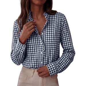 PRETTYGARDEN Womens Long Sleeve Button Down Shirts | Soft Cotton Fabric, Fashion Plaid Shirt, Basic Collared V Neck, Work Business Casual Blouses, 2026 Fall Trendy Outfits(Plaid Navy White)