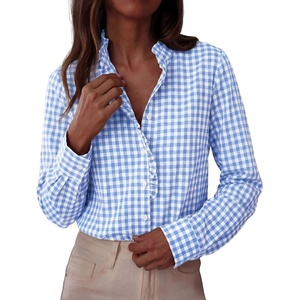 PRETTYGARDEN Womens Long Sleeve Button Down Shirts | Soft Cotton Fabric, Fashion Plaid Shirt, Basic Collared V Neck, Work Business Casual Blouses, 2026 Fall Trendy Outfits(Plaid Light Blue White)