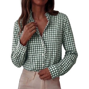 PRETTYGARDEN Womens Long Sleeve Button Down Shirts | Soft Cotton Fabric, Fashion Plaid Shirt, Basic Collared V Neck, Work Business Casual Blouses, 2026 Fall Trendy Outfits(Plaid Dark Green White)