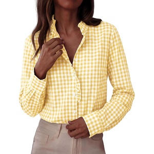 PRETTYGARDEN Womens Long Sleeve Button Down Shirts | Soft Cotton Fabric, Fashion Plaid Shirt, Basic Collared V Neck, Work Business Casual Blouses, 2026 Fall Trendy Outfits(Plaid Yellow White)