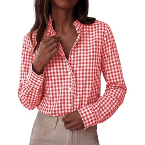 PRETTYGARDEN Womens Long Sleeve Button Down Shirts | Soft Cotton Fabric, Fashion Plaid Shirt, Basic Collared V Neck, Work Business Casual Blouses, 2026 Fall Trendy Outfits(Plaid Brilliant Red White)