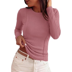 PRETTYGARDEN Womens Long Sleeve Shirts Fall Ribbed Basic Tee | Soft Stretchy Slim Fitted Tops, Cute Going Out Y2K Clothes, Daily Wear Business Casual Work Blouses, Trendy Fashion Layering(Dusty Pink)