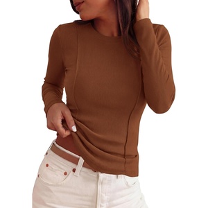 PRETTYGARDEN Womens Long Sleeve Shirts Fall Ribbed Basic Tee | Soft Stretchy Slim Fitted Tops, Cute Going Out Y2K Clothes, Daily Wear Business Casual Work Blouses, Trendy Fashion Layering(Brown)
