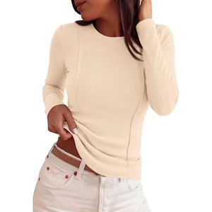 PRETTYGARDEN Womens Long Sleeve Shirts Fall Ribbed Basic Tee | Soft Stretchy Slim Fitted Tops, Cute Going Out Y2K Clothes, Daily Wear Business Casual Work Blouses, Trendy Fashion Layering(Beige)