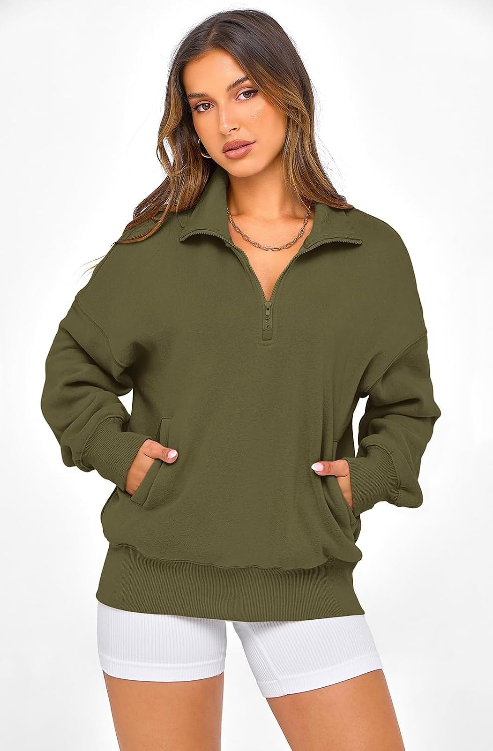 image:imagePRETTYGARDEN Womens Half Zip Oversized Sweatshirts Fleece Hoodies 2026 Trendy Long Sleeve Pullover Tops Y2k Fall OutfitsArmy Green
