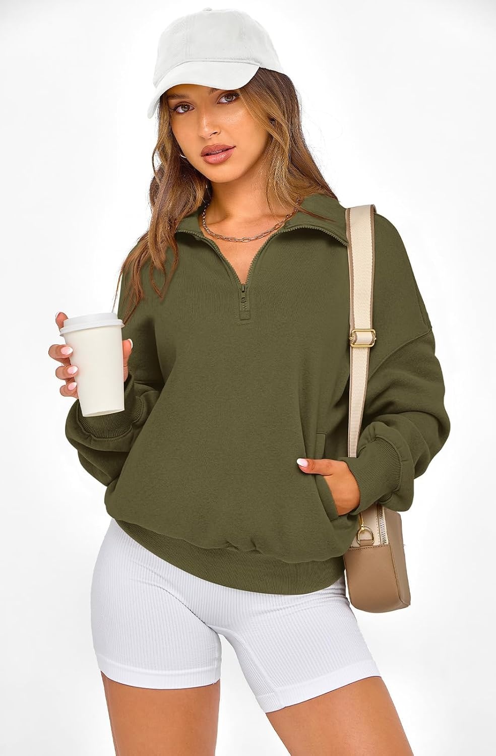 image:imagePRETTYGARDEN Womens Half Zip Oversized Sweatshirts Fleece Hoodies 2026 Trendy Long Sleeve Pullover Tops Y2k Fall OutfitsArmy Green