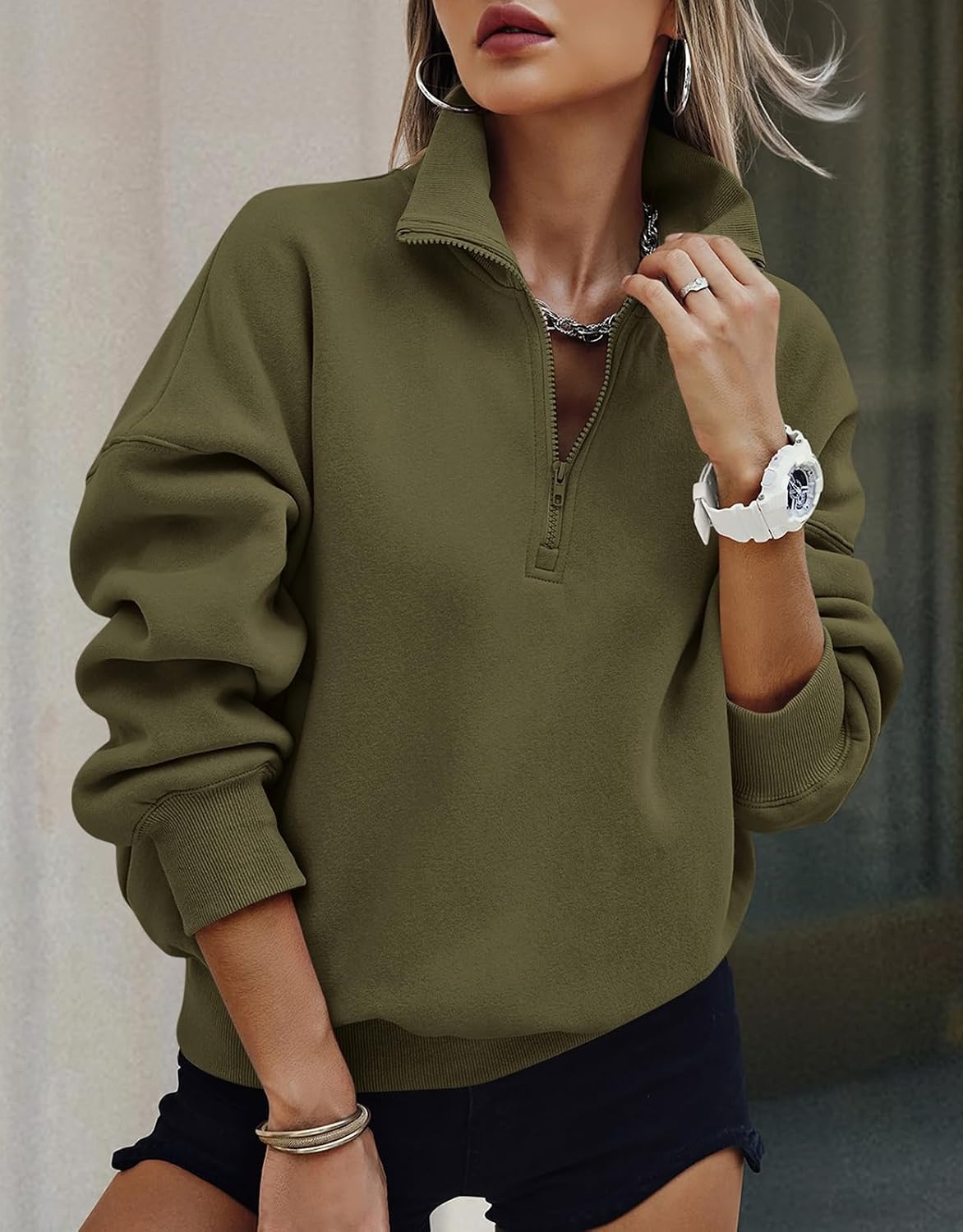 image:imagePRETTYGARDEN Womens Half Zip Oversized Sweatshirts Fleece Hoodies 2026 Trendy Long Sleeve Pullover Tops Y2k Fall OutfitsArmy Green