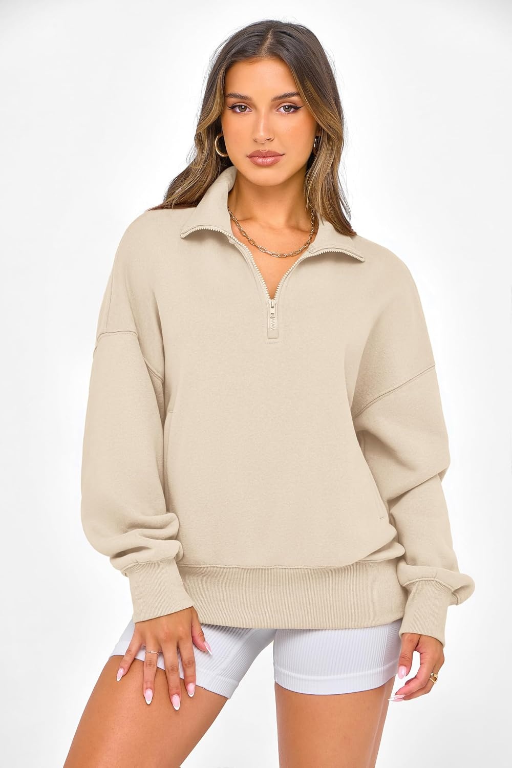 image:imagePRETTYGARDEN Womens Half Zip Oversized Sweatshirts Fleece Hoodies 2026 Trendy Long Sleeve Pullover Tops Y2k Fall OutfitsBeige
