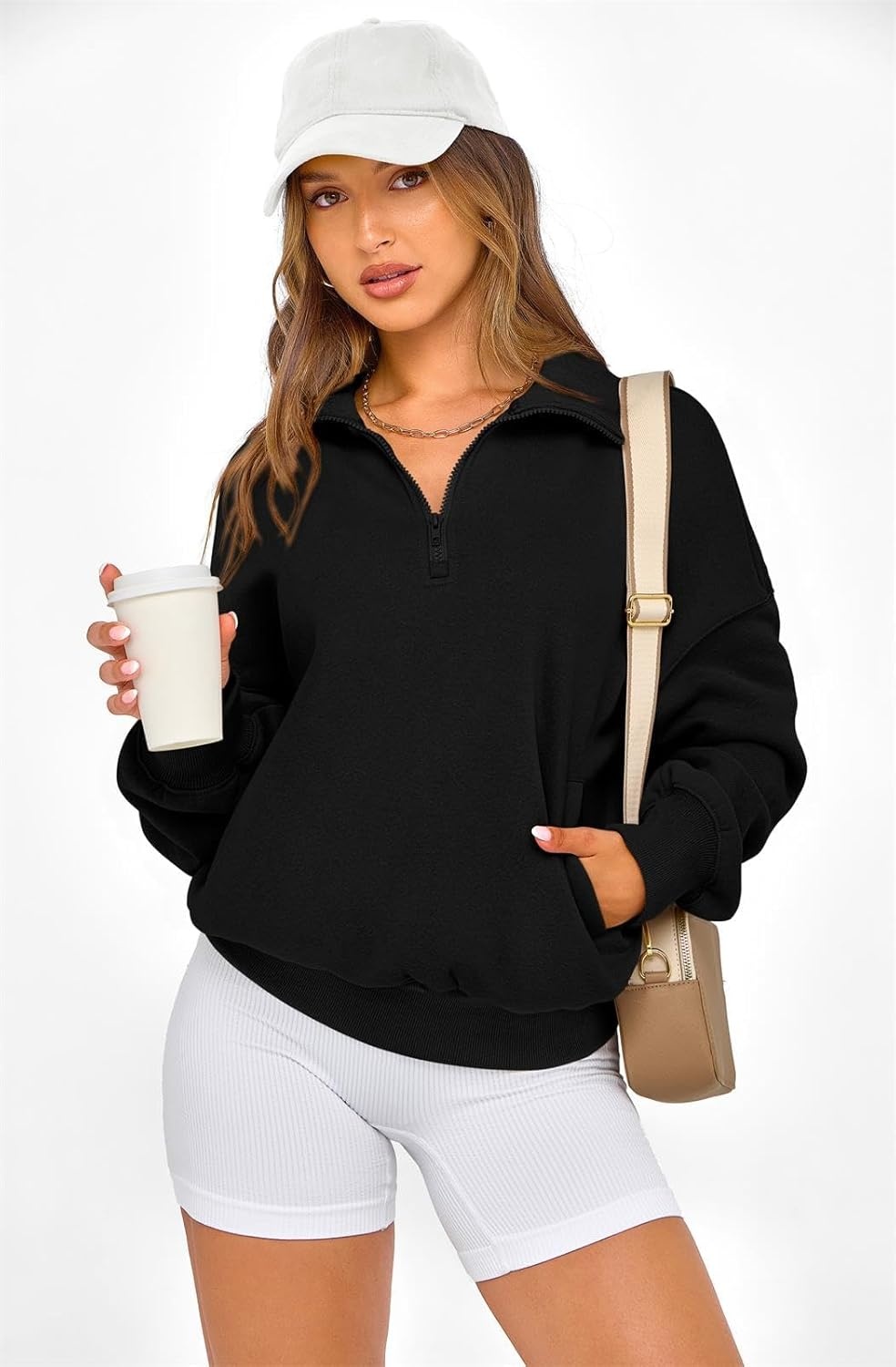 image:imagePRETTYGARDEN Womens Half Zip Oversized Sweatshirts Fleece Hoodies 2026 Trendy Long Sleeve Pullover Tops Y2k Fall OutfitsBlack
