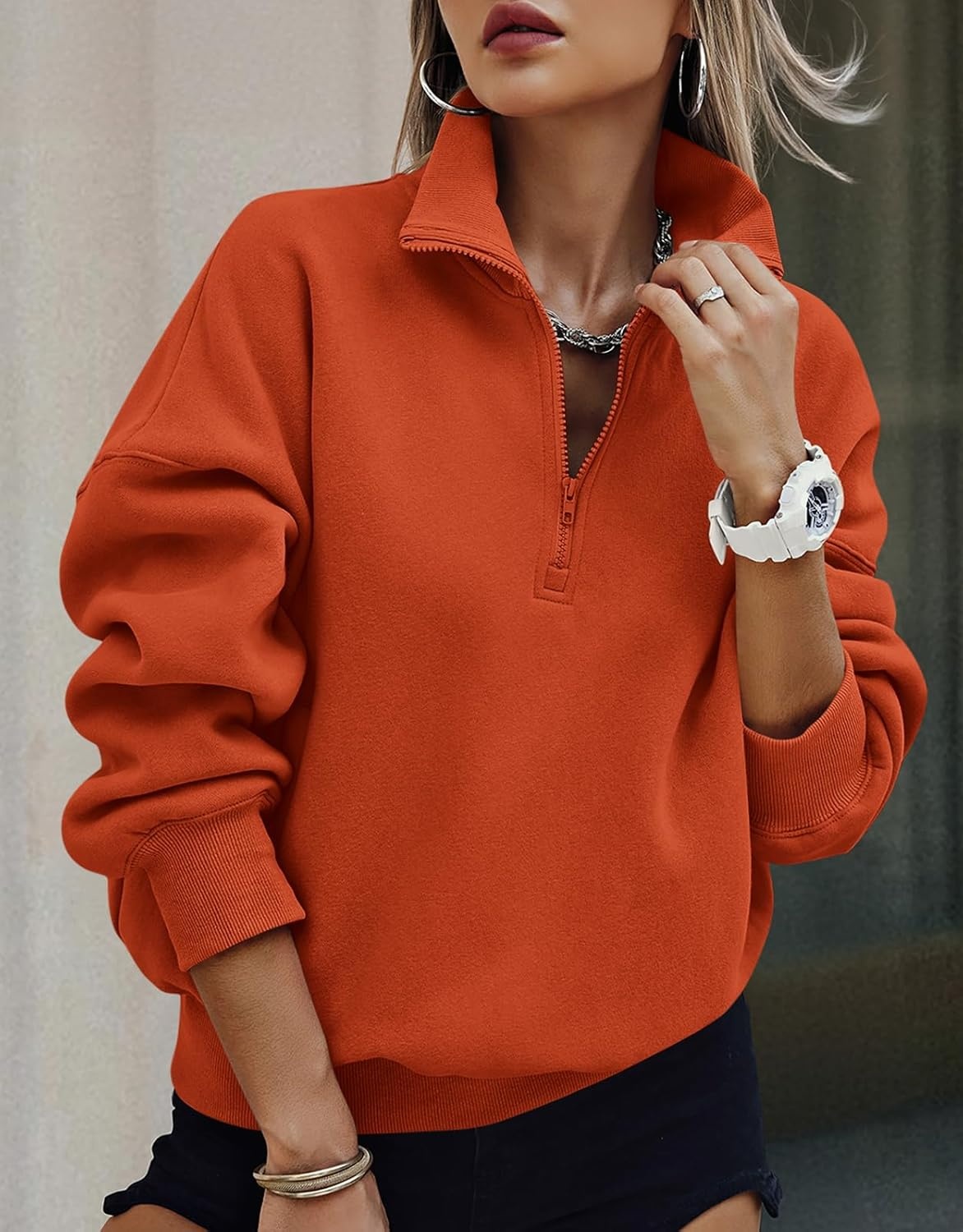 image:imagePRETTYGARDEN Womens Half Zip Oversized Sweatshirts Fleece Hoodies 2026 Trendy Long Sleeve Pullover Tops Y2k Fall OutfitsBrick Red
