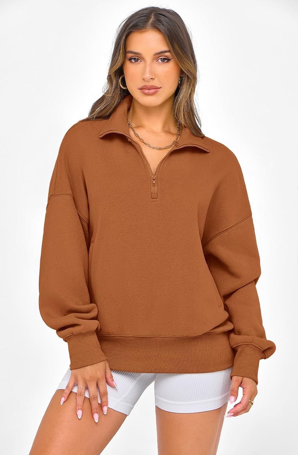 image:imagePRETTYGARDEN Womens Half Zip Oversized Sweatshirts Fleece Hoodies 2026 Trendy Long Sleeve Pullover Tops Y2k Fall OutfitsBrown