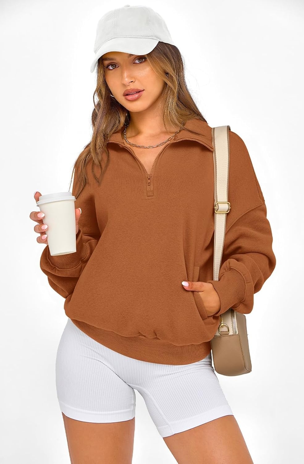image:imagePRETTYGARDEN Womens Half Zip Oversized Sweatshirts Fleece Hoodies 2026 Trendy Long Sleeve Pullover Tops Y2k Fall OutfitsBrown
