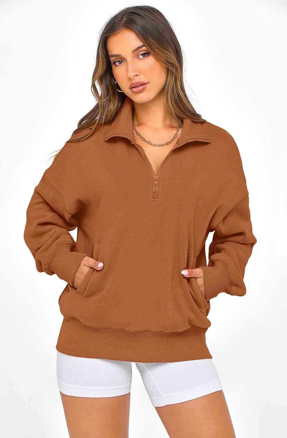 image:imagePRETTYGARDEN Womens Half Zip Oversized Sweatshirts Fleece Hoodies 2026 Trendy Long Sleeve Pullover Tops Y2k Fall OutfitsBrown