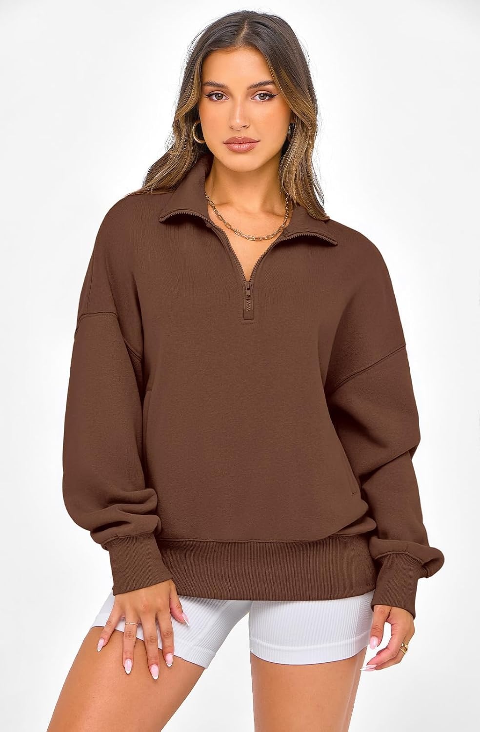 image:imagePRETTYGARDEN Womens Half Zip Oversized Sweatshirts Fleece Hoodies 2026 Trendy Long Sleeve Pullover Tops Y2k Fall OutfitsCoffee