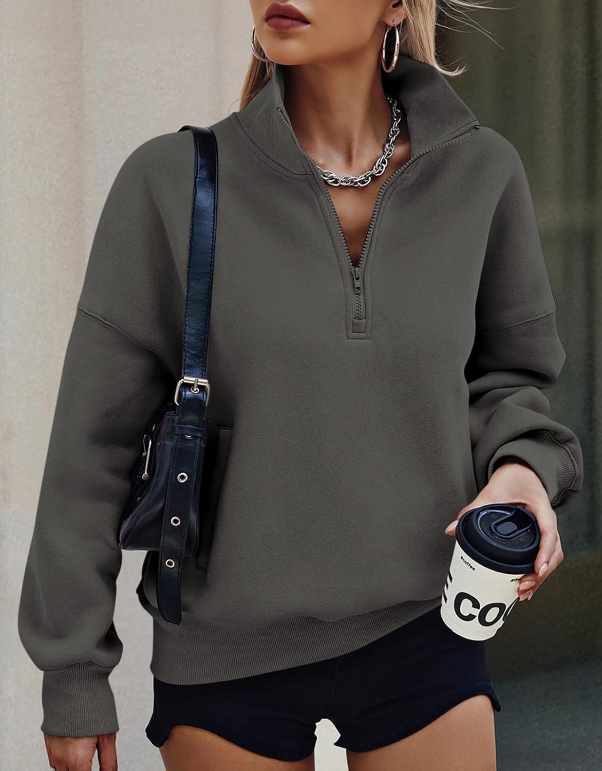 image:imagePRETTYGARDEN Womens Half Zip Oversized Sweatshirts Fleece Hoodies 2026 Trendy Long Sleeve Pullover Tops Y2k Fall OutfitsDark Grey