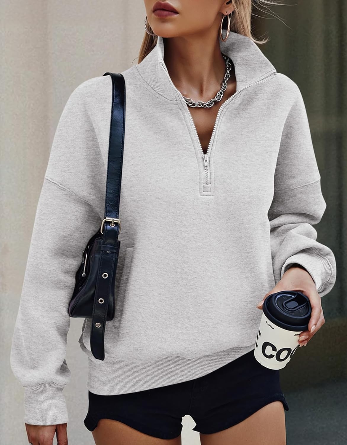 image:imagePRETTYGARDEN Womens Half Zip Oversized Sweatshirts Fleece Hoodies 2026 Trendy Long Sleeve Pullover Tops Y2k Fall OutfitsGrey