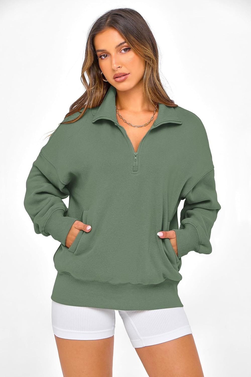 image:imagePRETTYGARDEN Womens Half Zip Oversized Sweatshirts Fleece Hoodies 2026 Trendy Long Sleeve Pullover Tops Y2k Fall OutfitsGrey Green
