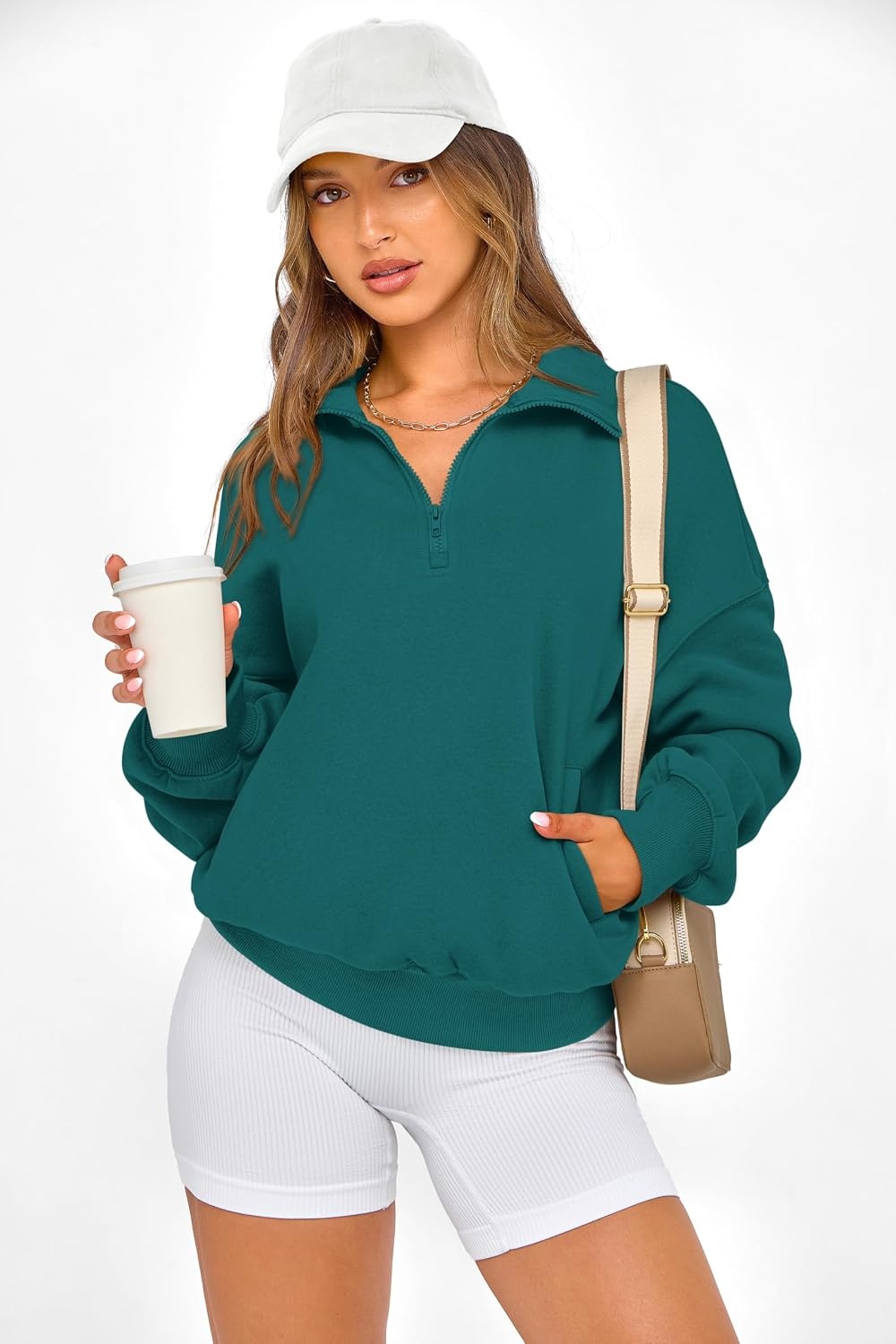 image:imagePRETTYGARDEN Womens Half Zip Oversized Sweatshirts Fleece Hoodies 2026 Trendy Long Sleeve Pullover Tops Y2k Fall OutfitsLake Blue