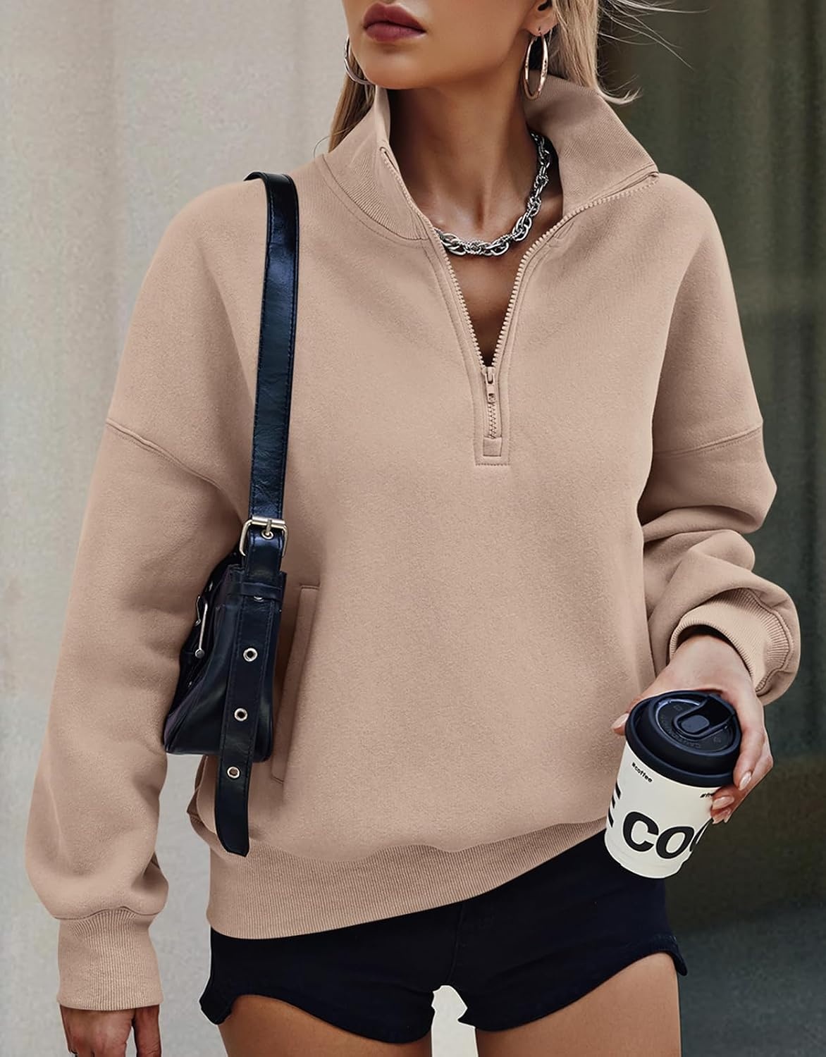 image:imagePRETTYGARDEN Womens Half Zip Oversized Sweatshirts Fleece Hoodies 2026 Trendy Long Sleeve Pullover Tops Y2k Fall OutfitsLight Coffee