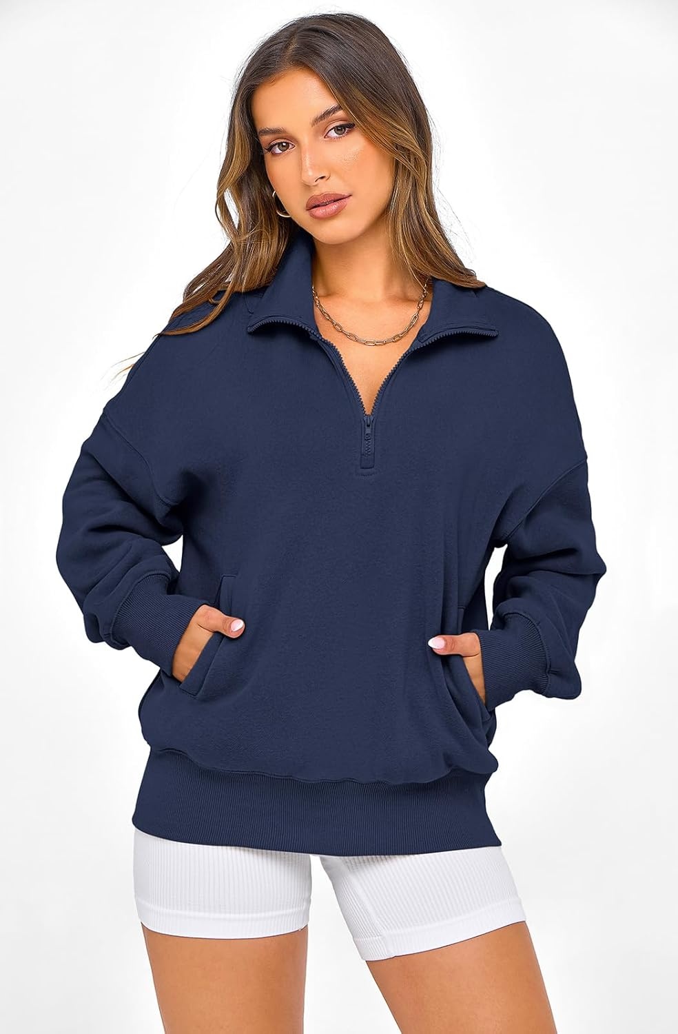 image:imagePRETTYGARDEN Womens Half Zip Oversized Sweatshirts Fleece Hoodies 2026 Trendy Long Sleeve Pullover Tops Y2k Fall OutfitsNavy