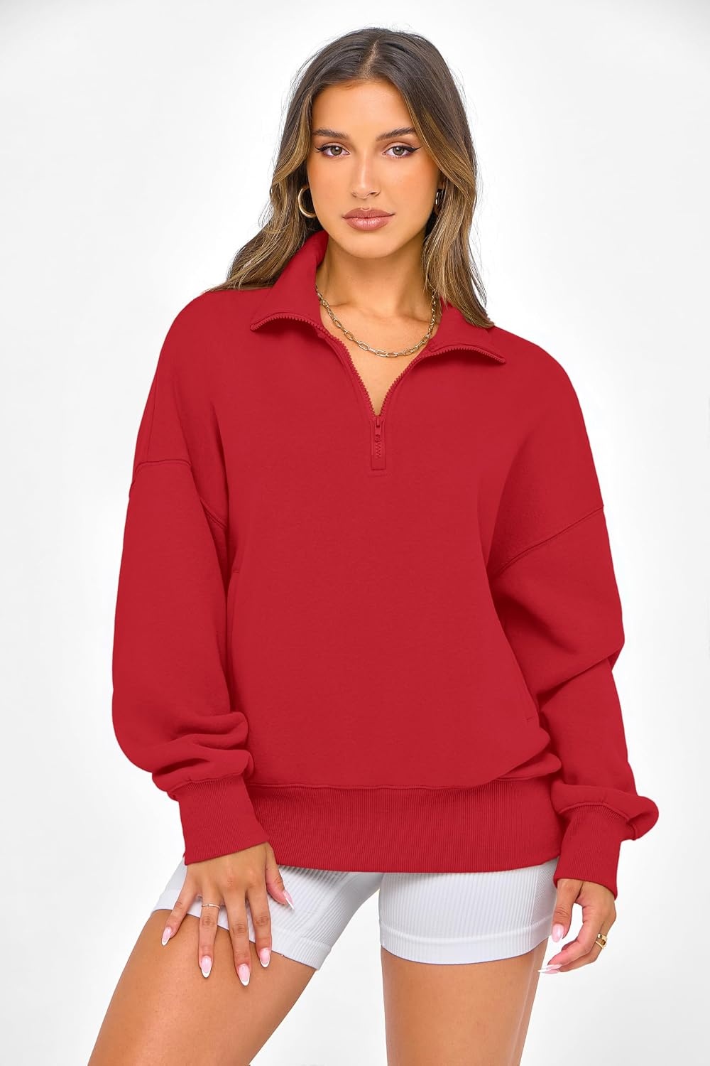 image:imagePRETTYGARDEN Womens Half Zip Oversized Sweatshirts Fleece Hoodies 2026 Trendy Long Sleeve Pullover Tops Y2k Fall OutfitsRed
