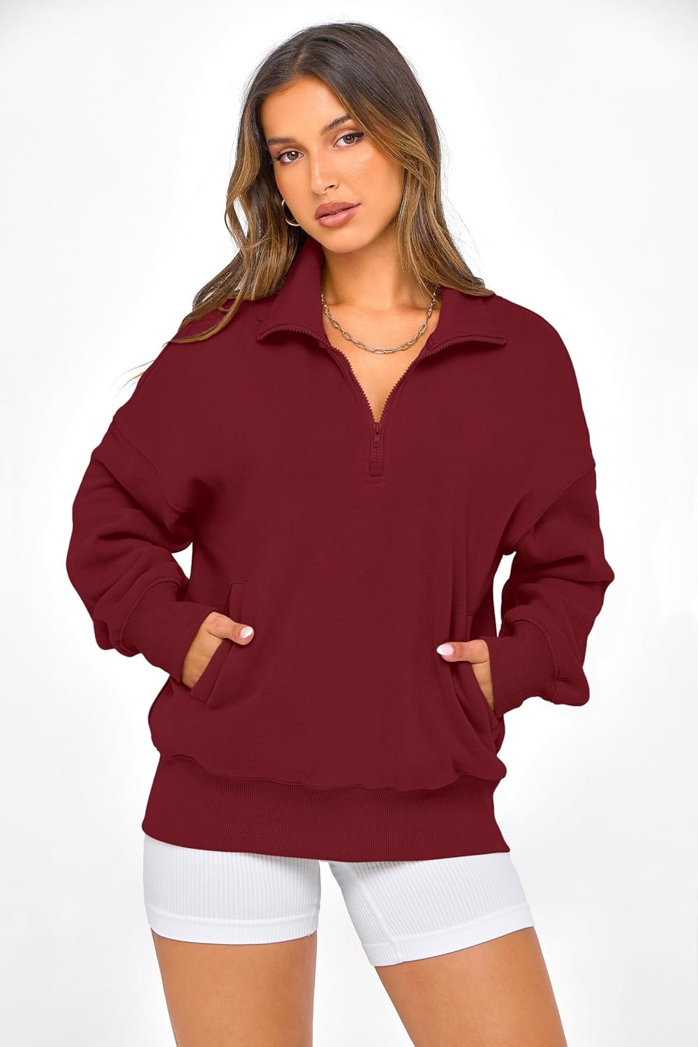image:imagePRETTYGARDEN Womens Half Zip Oversized Sweatshirts Fleece Hoodies 2026 Trendy Long Sleeve Pullover Tops Y2k Fall OutfitsWine Red