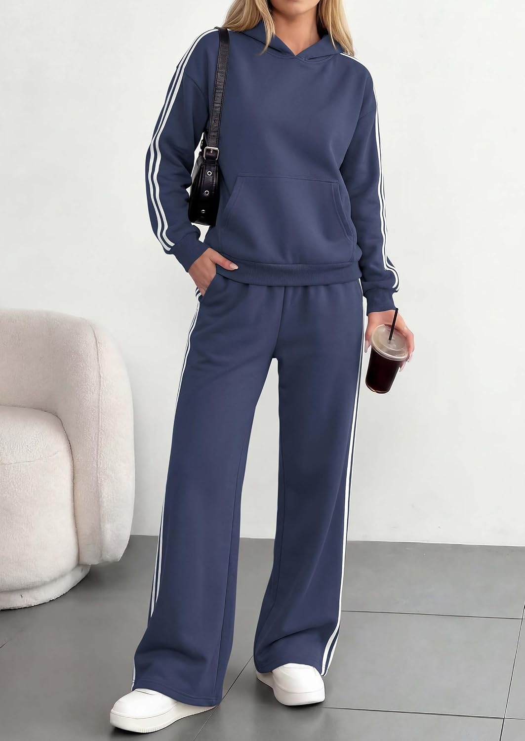image:imagePRETTYGARDEN Womens Striped Sweatsuits 2 Piece Outfits Matching Lounge Sets Oversized Hoodie Sweat Set Kangaroo Pocket Wide Leg Sweatpants Retro Y2K Casual Tracksuits Travel Airport Workout ClothesNavy Blue