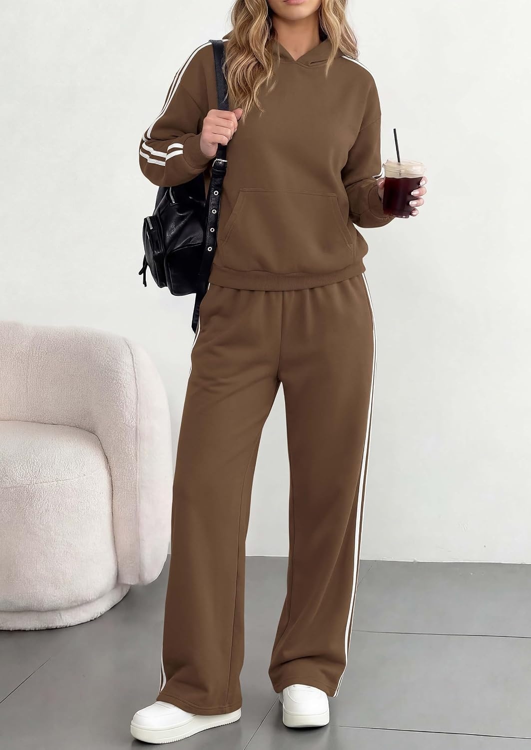 image:imagePRETTYGARDEN Womens Striped Sweatsuits 2 Piece Outfits Matching Lounge Sets Oversized Hoodie Sweat Set Kangaroo Pocket Wide Leg Sweatpants Retro Y2K Casual Tracksuits Travel Airport Workout ClothesBrown