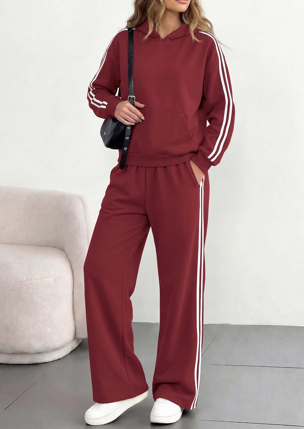 image:imagePRETTYGARDEN Womens Striped Sweatsuits 2 Piece Outfits Matching Lounge Sets Oversized Hoodie Sweat Set Kangaroo Pocket Wide Leg Sweatpants Retro Y2K Casual Tracksuits Travel Airport Workout ClothesWine Red
