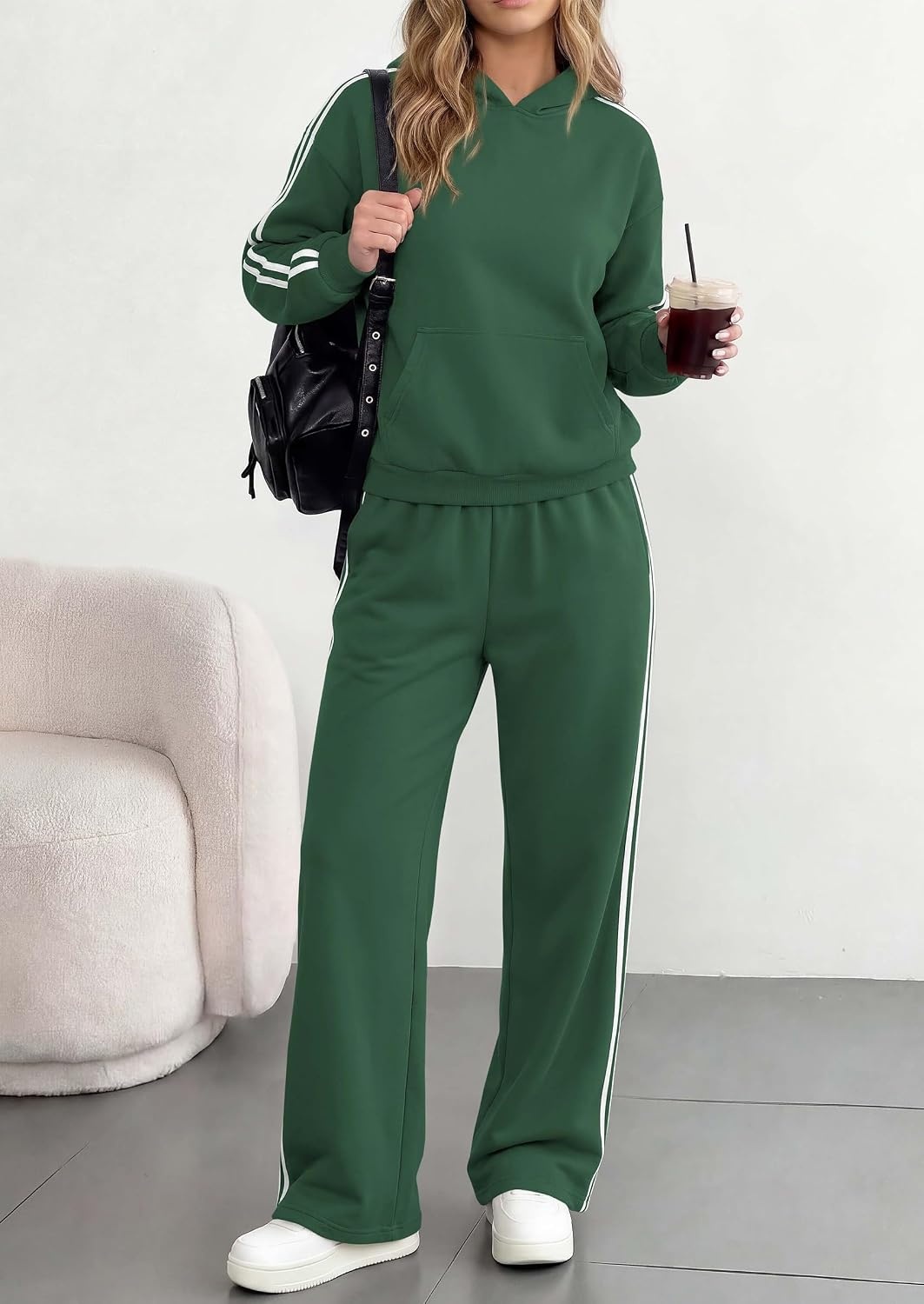 image:imagePRETTYGARDEN Womens Striped Sweatsuits 2 Piece Outfits Matching Lounge Sets Oversized Hoodie Sweat Set Kangaroo Pocket Wide Leg Sweatpants Retro Y2K Casual Tracksuits Travel Airport Workout ClothesGreen