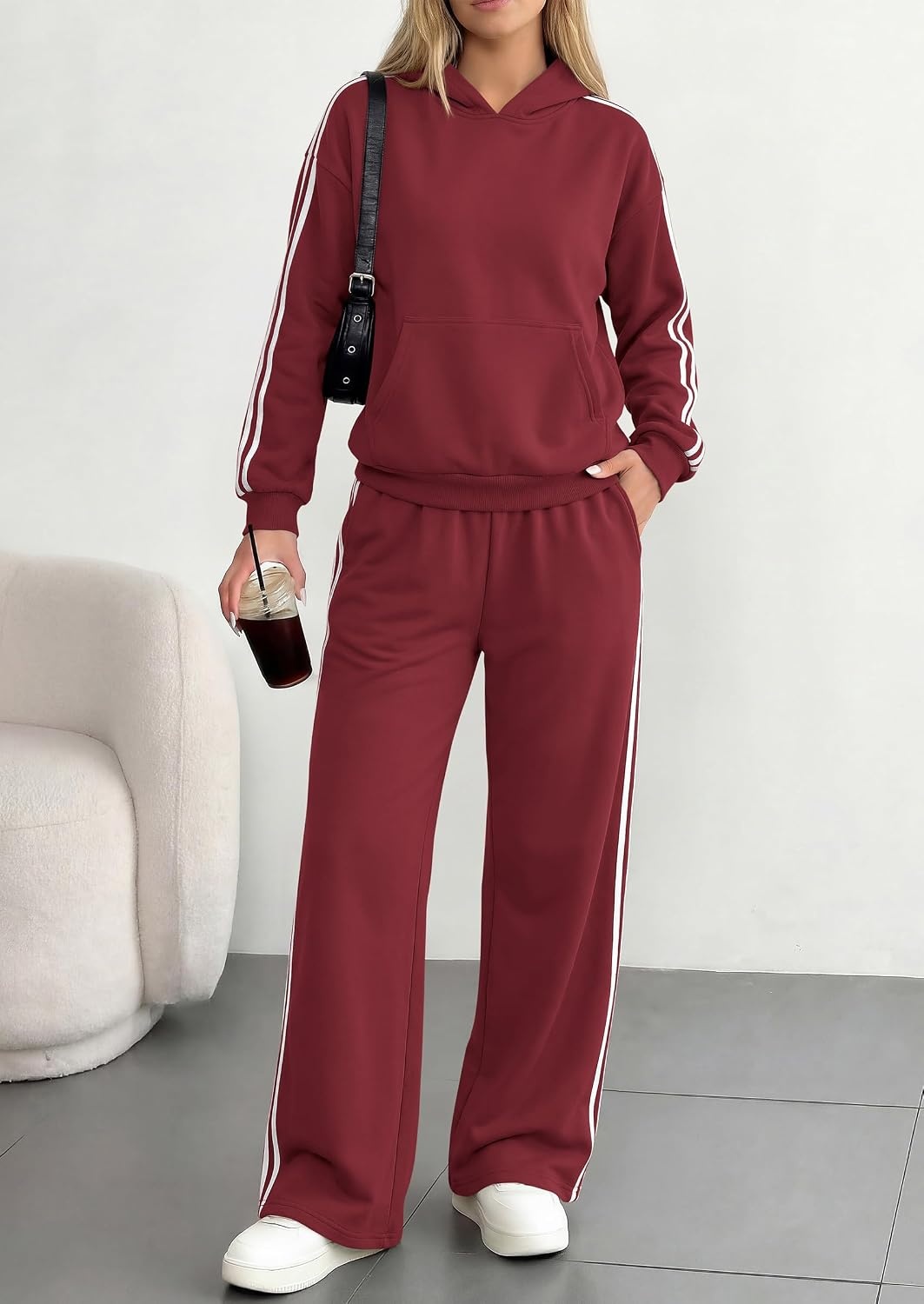 image:imagePRETTYGARDEN Womens Striped Sweatsuits 2 Piece Outfits Matching Lounge Sets Oversized Hoodie Sweat Set Kangaroo Pocket Wide Leg Sweatpants Retro Y2K Casual Tracksuits Travel Airport Workout ClothesWine Red