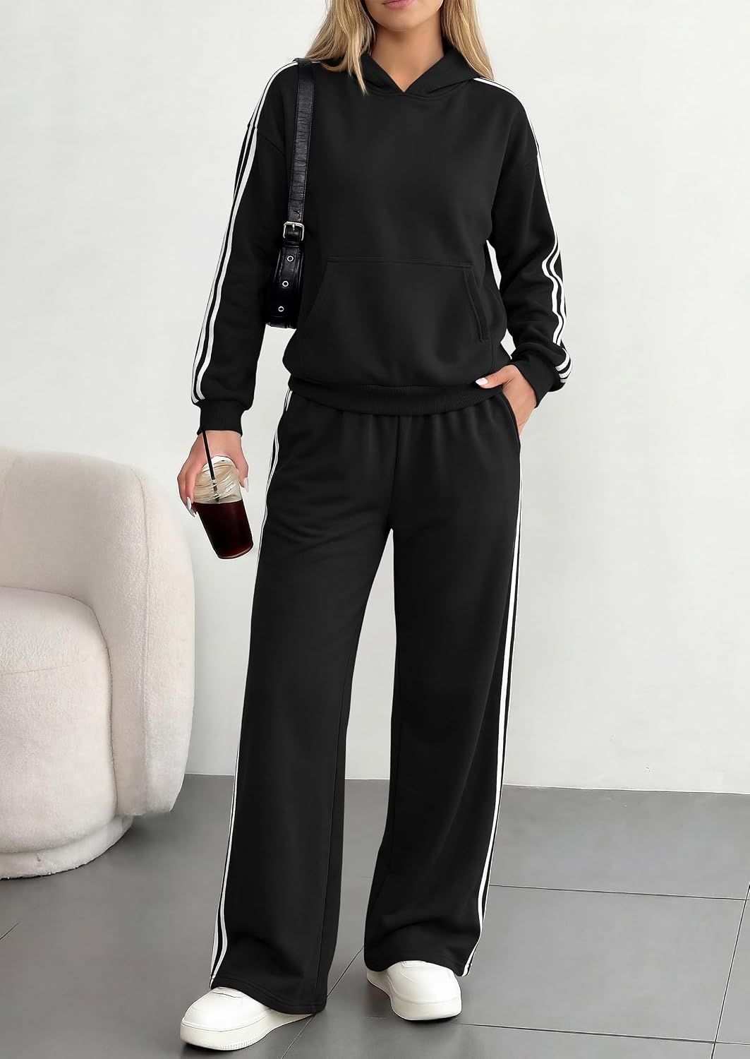 image:imagePRETTYGARDEN Womens Striped Sweatsuits 2 Piece Outfits Matching Lounge Sets Oversized Hoodie Sweat Set Kangaroo Pocket Wide Leg Sweatpants Retro Y2K Casual Tracksuits Travel Airport Workout ClothesBlack