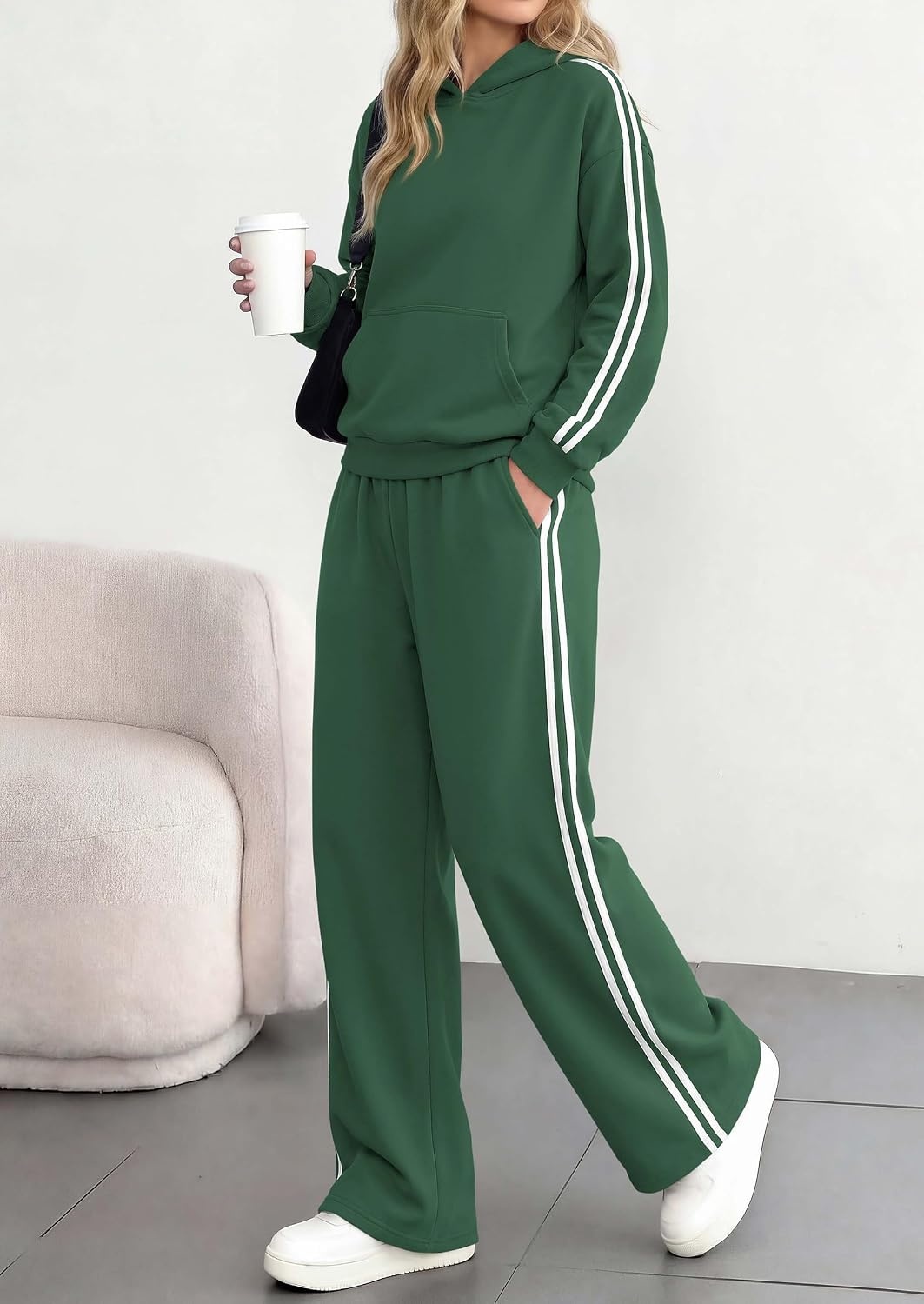 image:imagePRETTYGARDEN Womens Striped Sweatsuits 2 Piece Outfits Matching Lounge Sets Oversized Hoodie Sweat Set Kangaroo Pocket Wide Leg Sweatpants Retro Y2K Casual Tracksuits Travel Airport Workout ClothesGreen