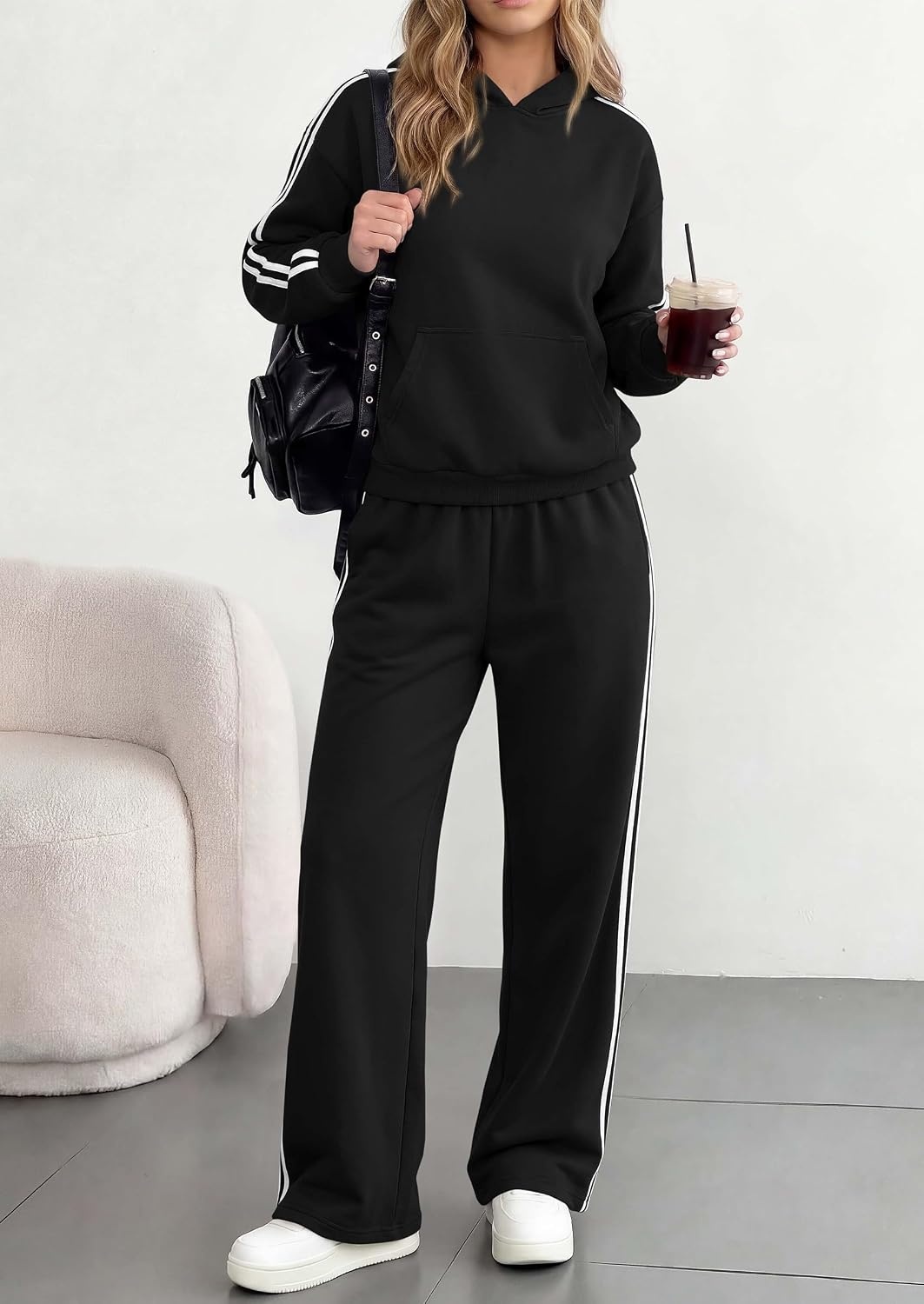 image:imagePRETTYGARDEN Womens Striped Sweatsuits 2 Piece Outfits Matching Lounge Sets Oversized Hoodie Sweat Set Kangaroo Pocket Wide Leg Sweatpants Retro Y2K Casual Tracksuits Travel Airport Workout ClothesBlack