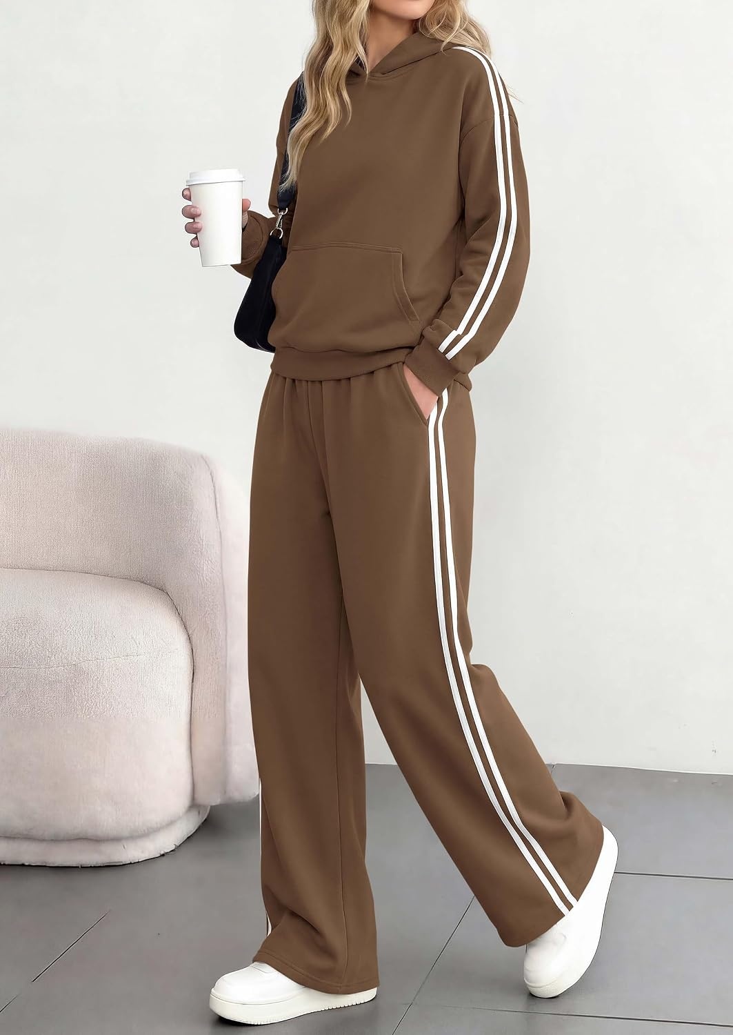 image:imagePRETTYGARDEN Womens Striped Sweatsuits 2 Piece Outfits Matching Lounge Sets Oversized Hoodie Sweat Set Kangaroo Pocket Wide Leg Sweatpants Retro Y2K Casual Tracksuits Travel Airport Workout ClothesBrown