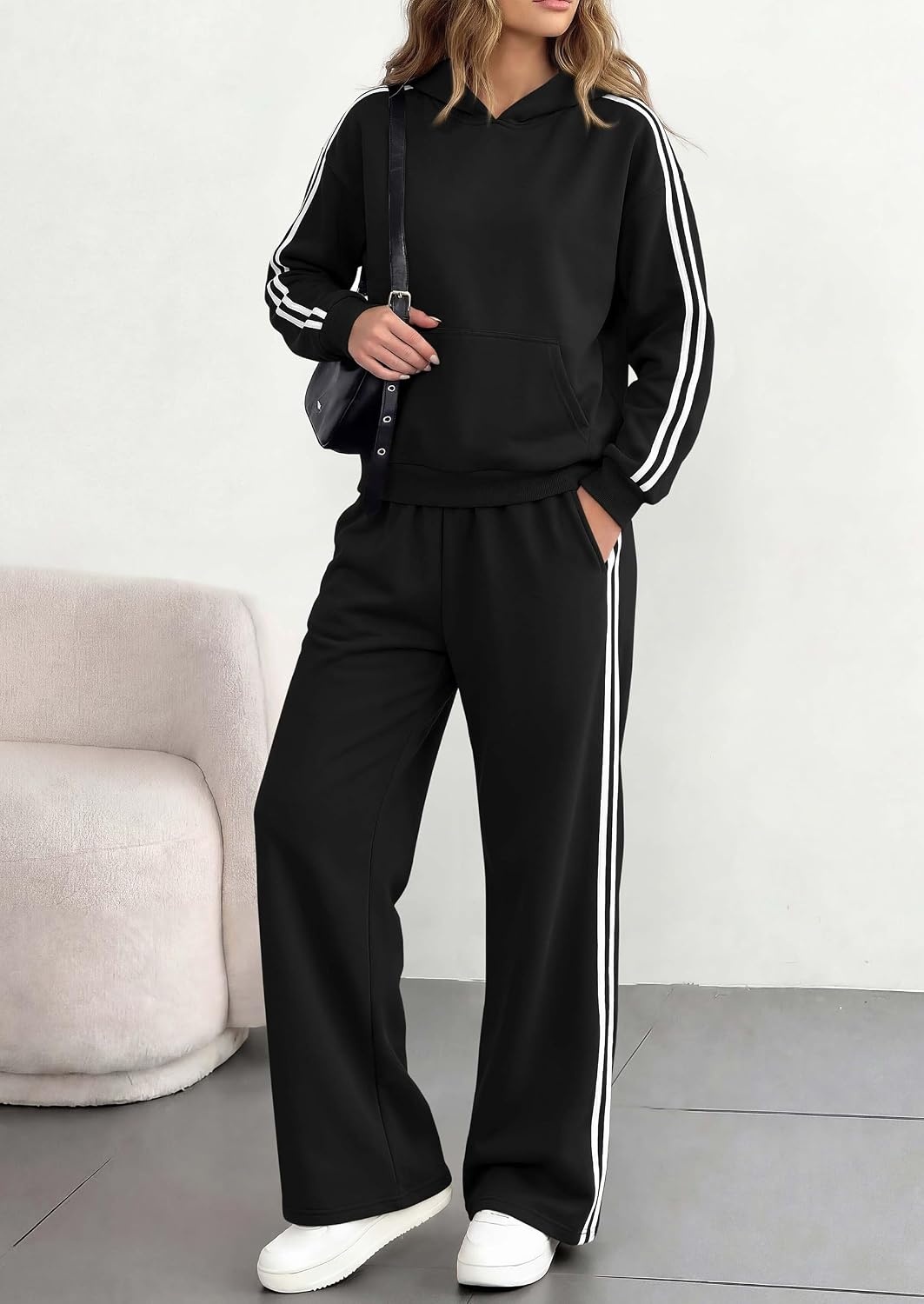 image:imagePRETTYGARDEN Womens Striped Sweatsuits 2 Piece Outfits Matching Lounge Sets Oversized Hoodie Sweat Set Kangaroo Pocket Wide Leg Sweatpants Retro Y2K Casual Tracksuits Travel Airport Workout ClothesBlack