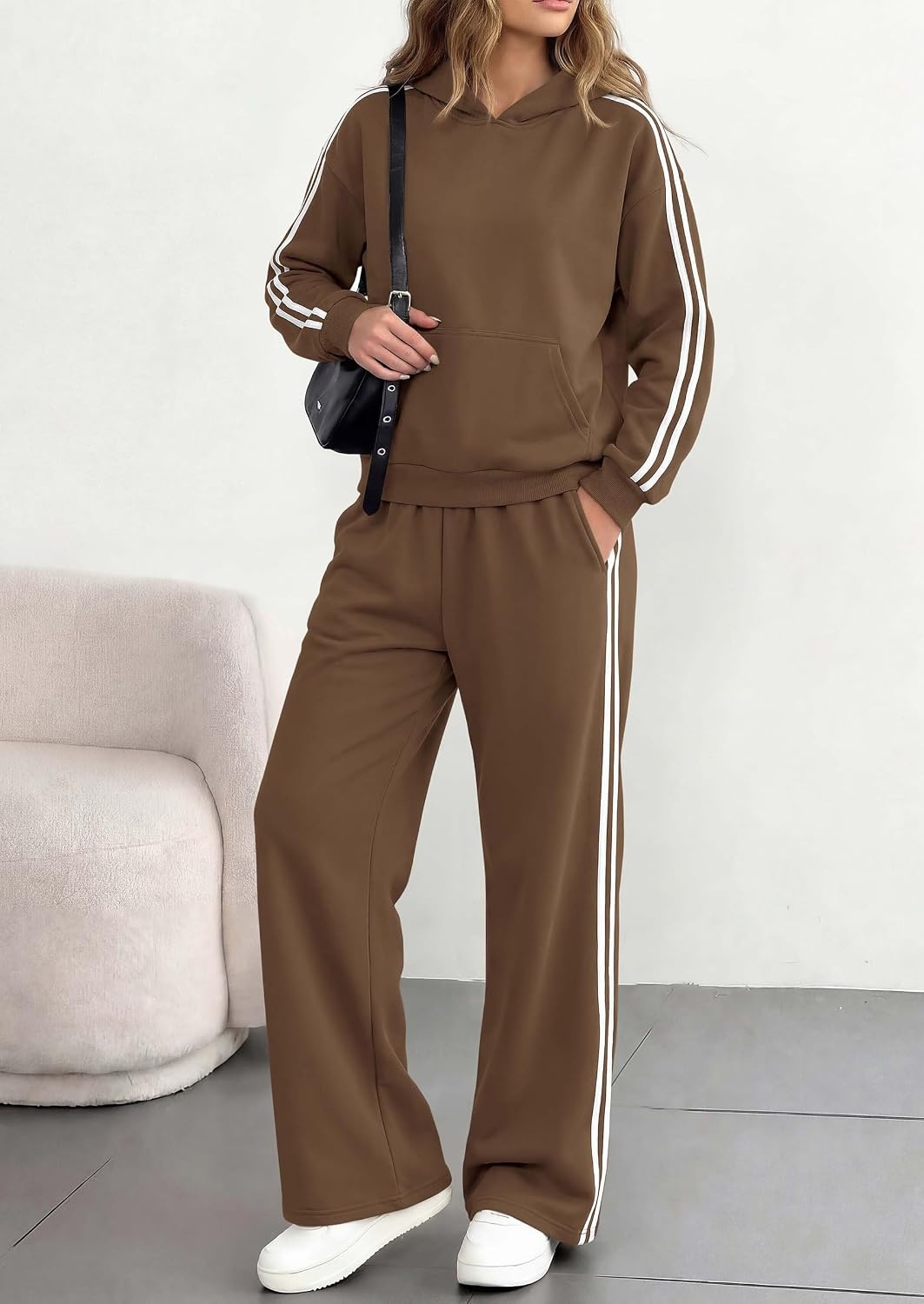 image:imagePRETTYGARDEN Womens Striped Sweatsuits 2 Piece Outfits Matching Lounge Sets Oversized Hoodie Sweat Set Kangaroo Pocket Wide Leg Sweatpants Retro Y2K Casual Tracksuits Travel Airport Workout ClothesBrown