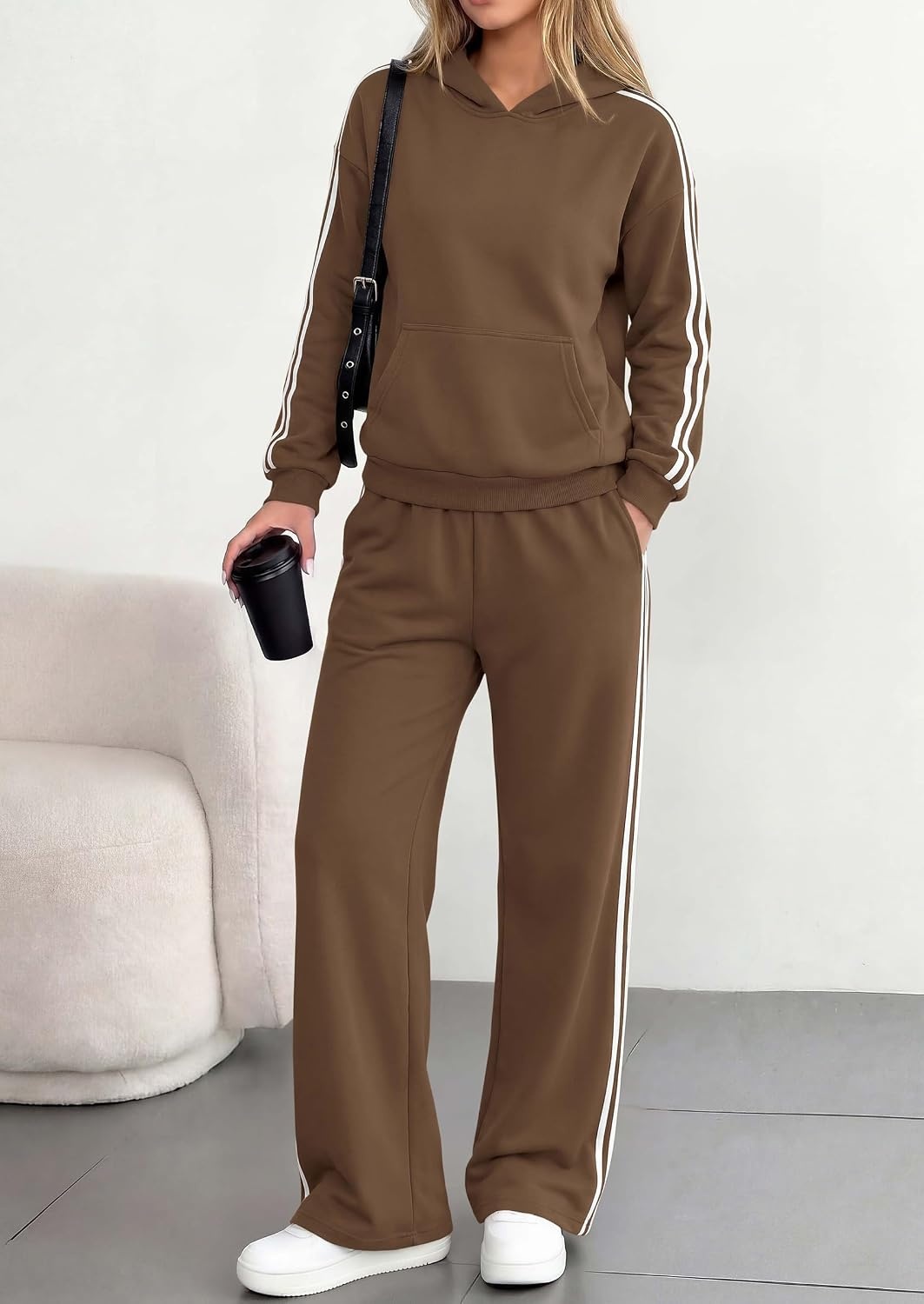 image:imagePRETTYGARDEN Womens Striped Sweatsuits 2 Piece Outfits Matching Lounge Sets Oversized Hoodie Sweat Set Kangaroo Pocket Wide Leg Sweatpants Retro Y2K Casual Tracksuits Travel Airport Workout ClothesBrown