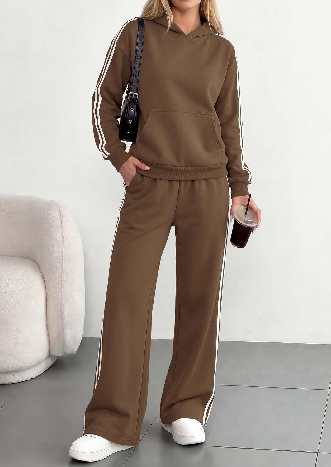 image:imagePRETTYGARDEN Womens Striped Sweatsuits 2 Piece Outfits Matching Lounge Sets Oversized Hoodie Sweat Set Kangaroo Pocket Wide Leg Sweatpants Retro Y2K Casual Tracksuits Travel Airport Workout ClothesBrown
