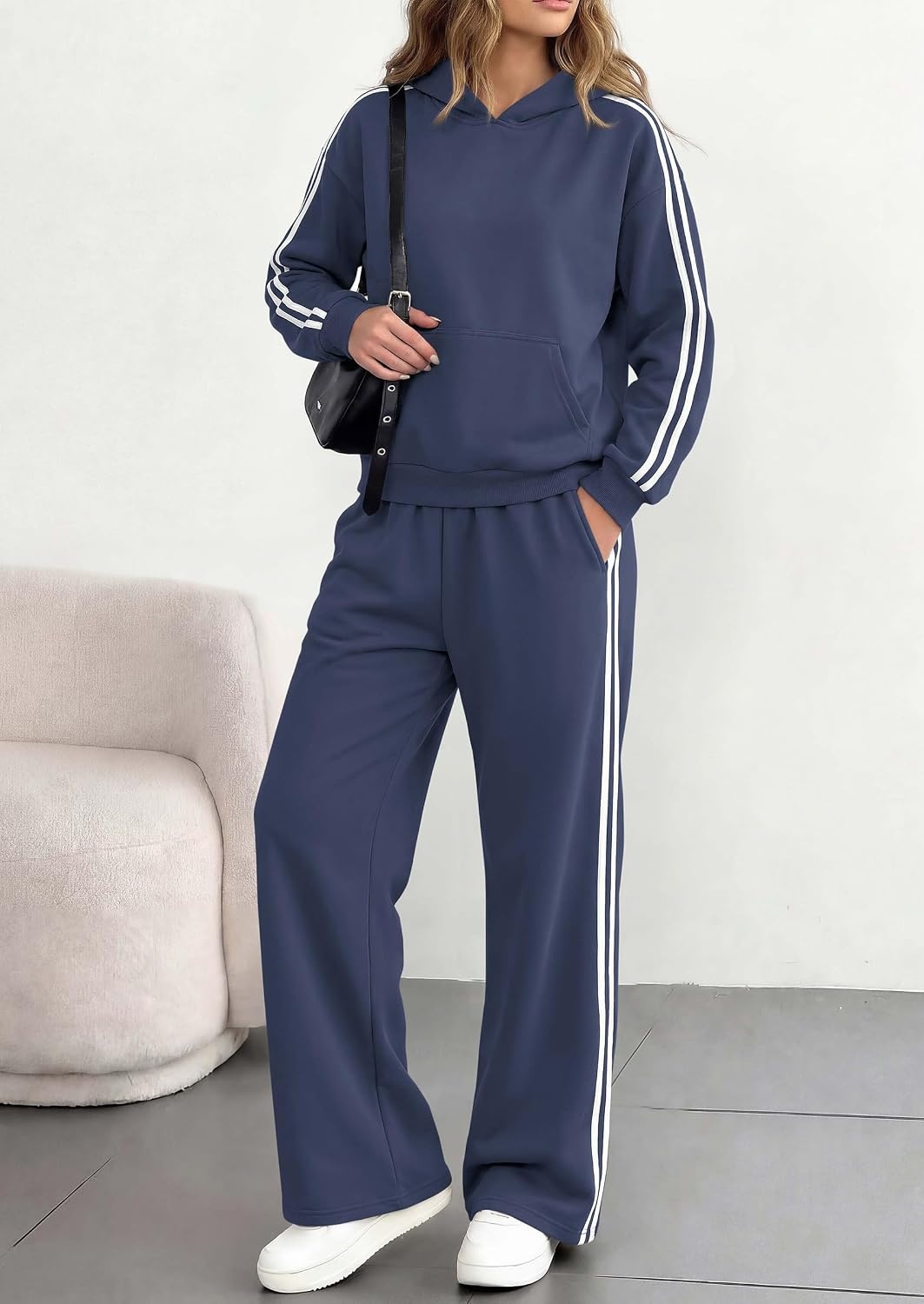 image:imagePRETTYGARDEN Womens Striped Sweatsuits 2 Piece Outfits Matching Lounge Sets Oversized Hoodie Sweat Set Kangaroo Pocket Wide Leg Sweatpants Retro Y2K Casual Tracksuits Travel Airport Workout ClothesNavy Blue