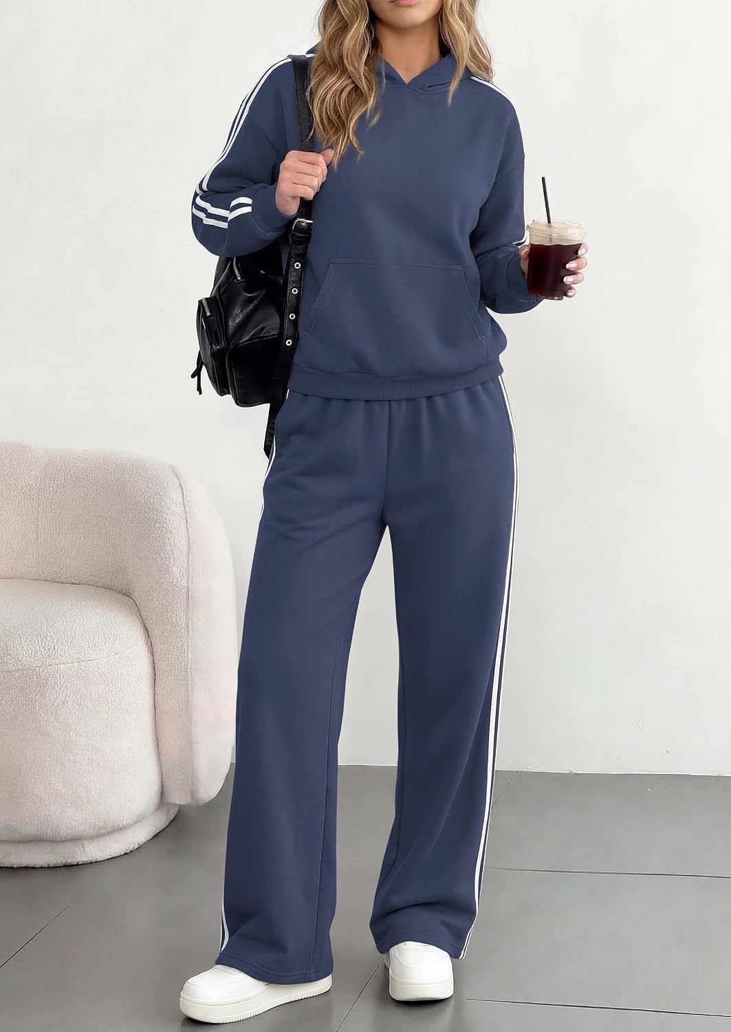 image:imagePRETTYGARDEN Womens Striped Sweatsuits 2 Piece Outfits Matching Lounge Sets Oversized Hoodie Sweat Set Kangaroo Pocket Wide Leg Sweatpants Retro Y2K Casual Tracksuits Travel Airport Workout ClothesNavy Blue