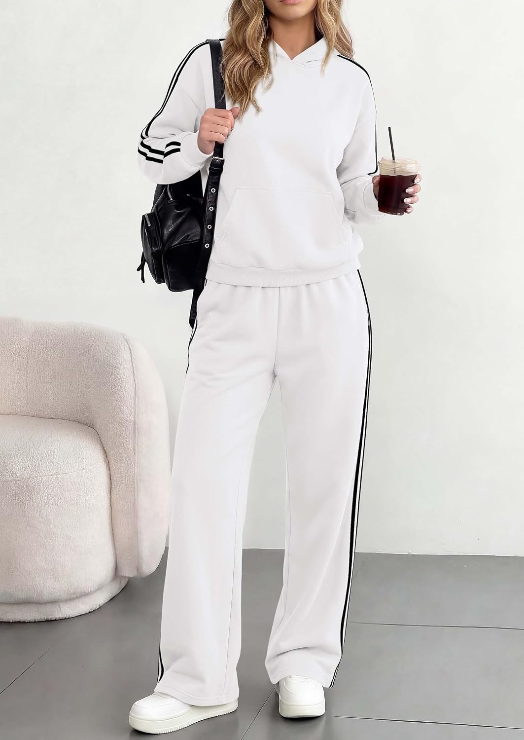 image:imagePRETTYGARDEN Womens Striped Sweatsuits 2 Piece Outfits Matching Lounge Sets Oversized Hoodie Sweat Set Kangaroo Pocket Wide Leg Sweatpants Retro Y2K Casual Tracksuits Travel Airport Workout ClothesWhite