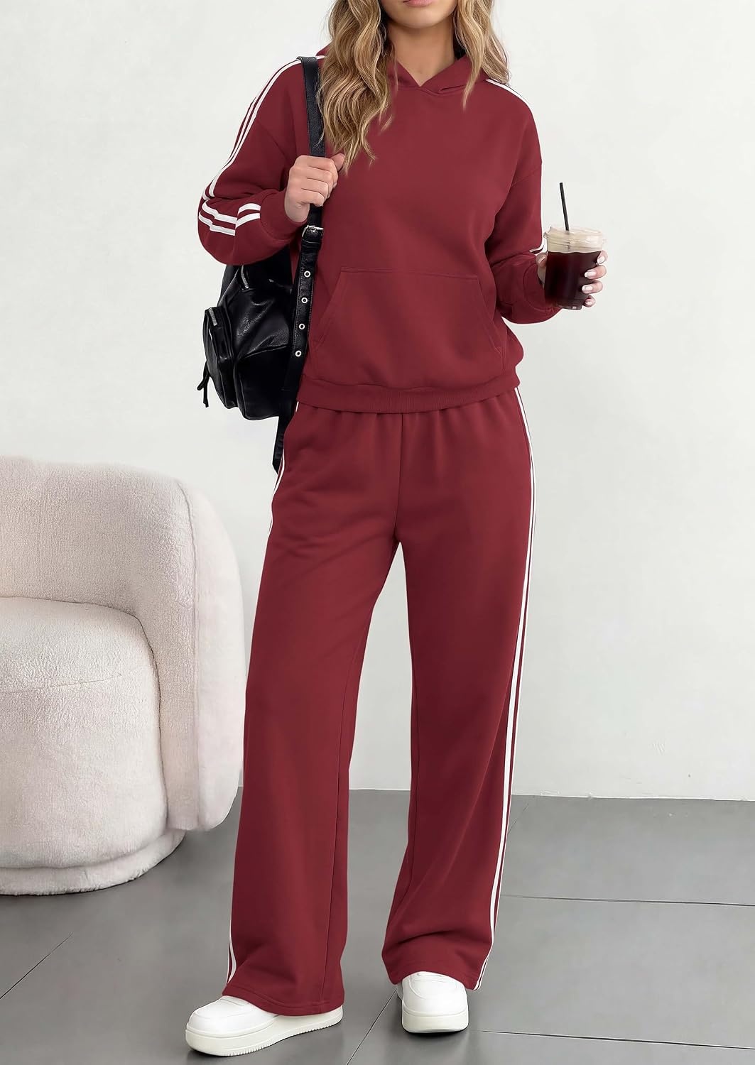 image:imagePRETTYGARDEN Womens Striped Sweatsuits 2 Piece Outfits Matching Lounge Sets Oversized Hoodie Sweat Set Kangaroo Pocket Wide Leg Sweatpants Retro Y2K Casual Tracksuits Travel Airport Workout ClothesWine Red
