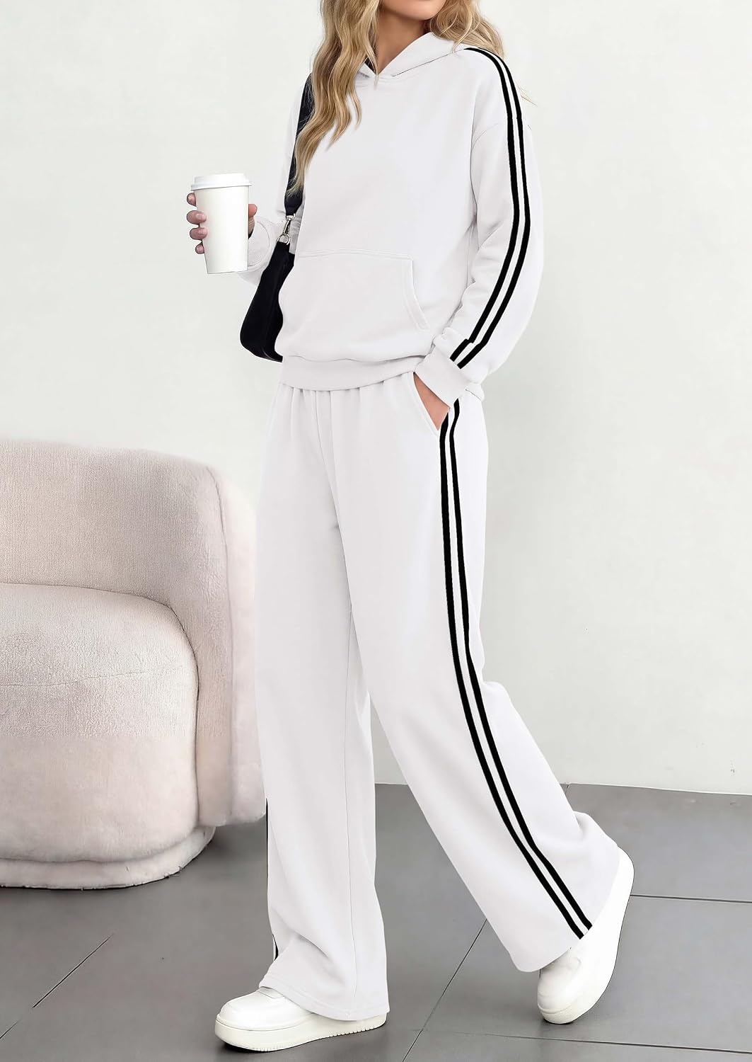 image:imagePRETTYGARDEN Womens Striped Sweatsuits 2 Piece Outfits Matching Lounge Sets Oversized Hoodie Sweat Set Kangaroo Pocket Wide Leg Sweatpants Retro Y2K Casual Tracksuits Travel Airport Workout ClothesWhite