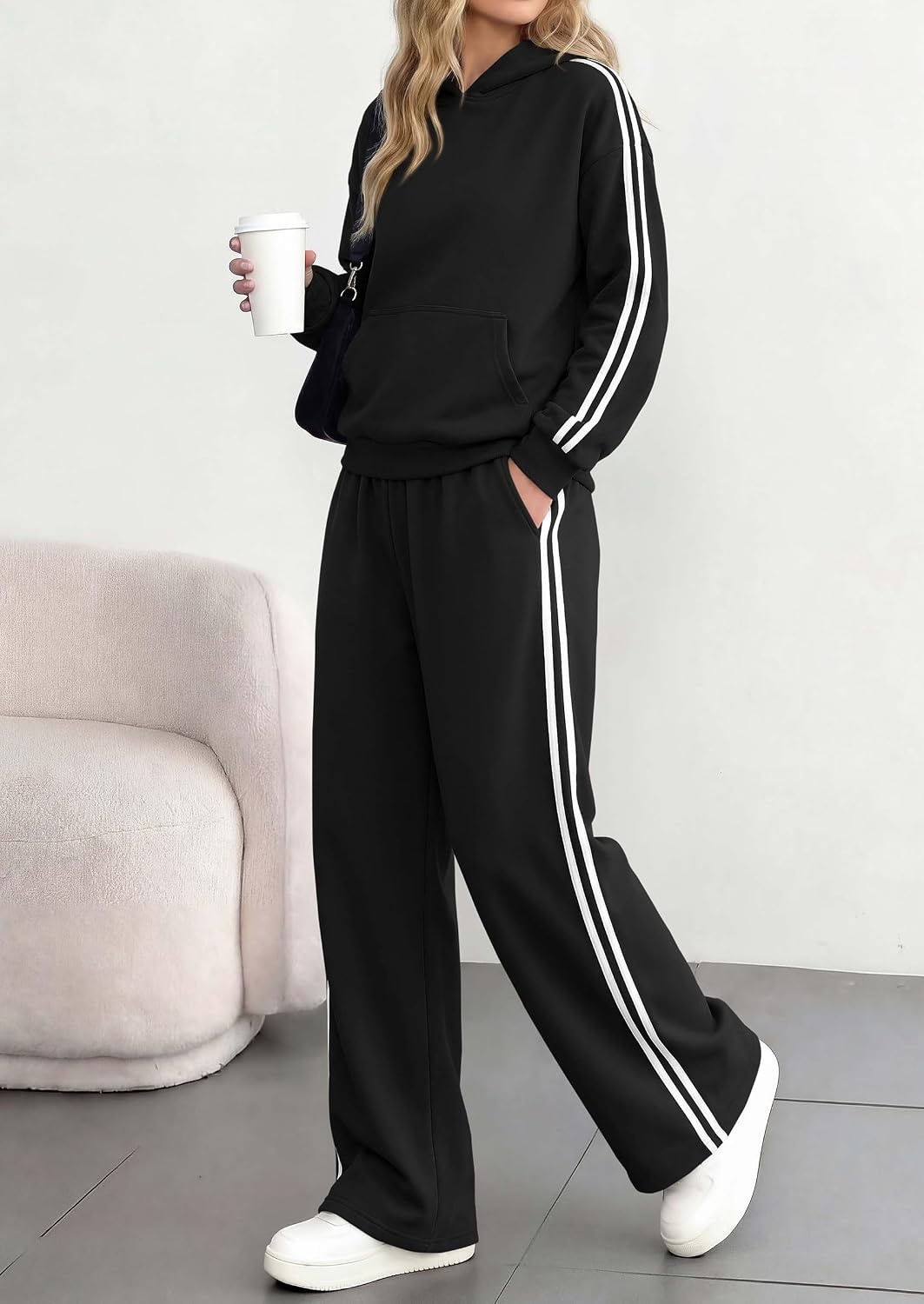 image:imagePRETTYGARDEN Womens Striped Sweatsuits 2 Piece Outfits Matching Lounge Sets Oversized Hoodie Sweat Set Kangaroo Pocket Wide Leg Sweatpants Retro Y2K Casual Tracksuits Travel Airport Workout ClothesBlack