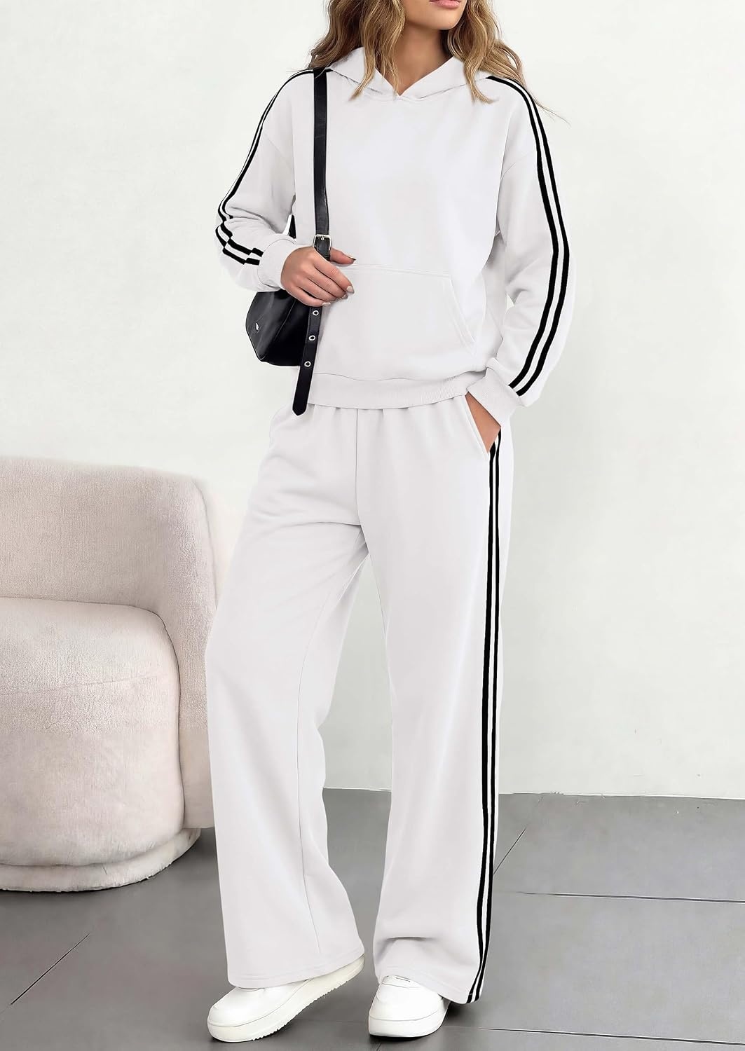 image:imagePRETTYGARDEN Womens Striped Sweatsuits 2 Piece Outfits Matching Lounge Sets Oversized Hoodie Sweat Set Kangaroo Pocket Wide Leg Sweatpants Retro Y2K Casual Tracksuits Travel Airport Workout ClothesWhite